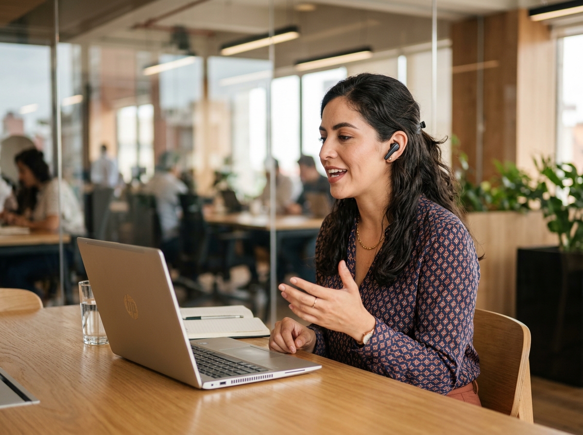 Vendedora practicando una conversación de ventas con audífonos frente a su laptop