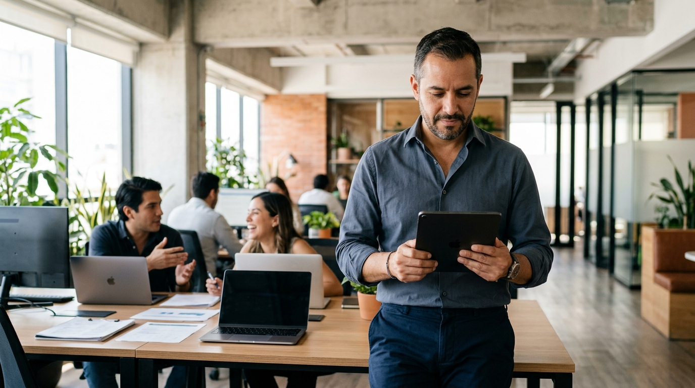 Director comercial revisando información en una tablet con su equipo de ventas al fondo