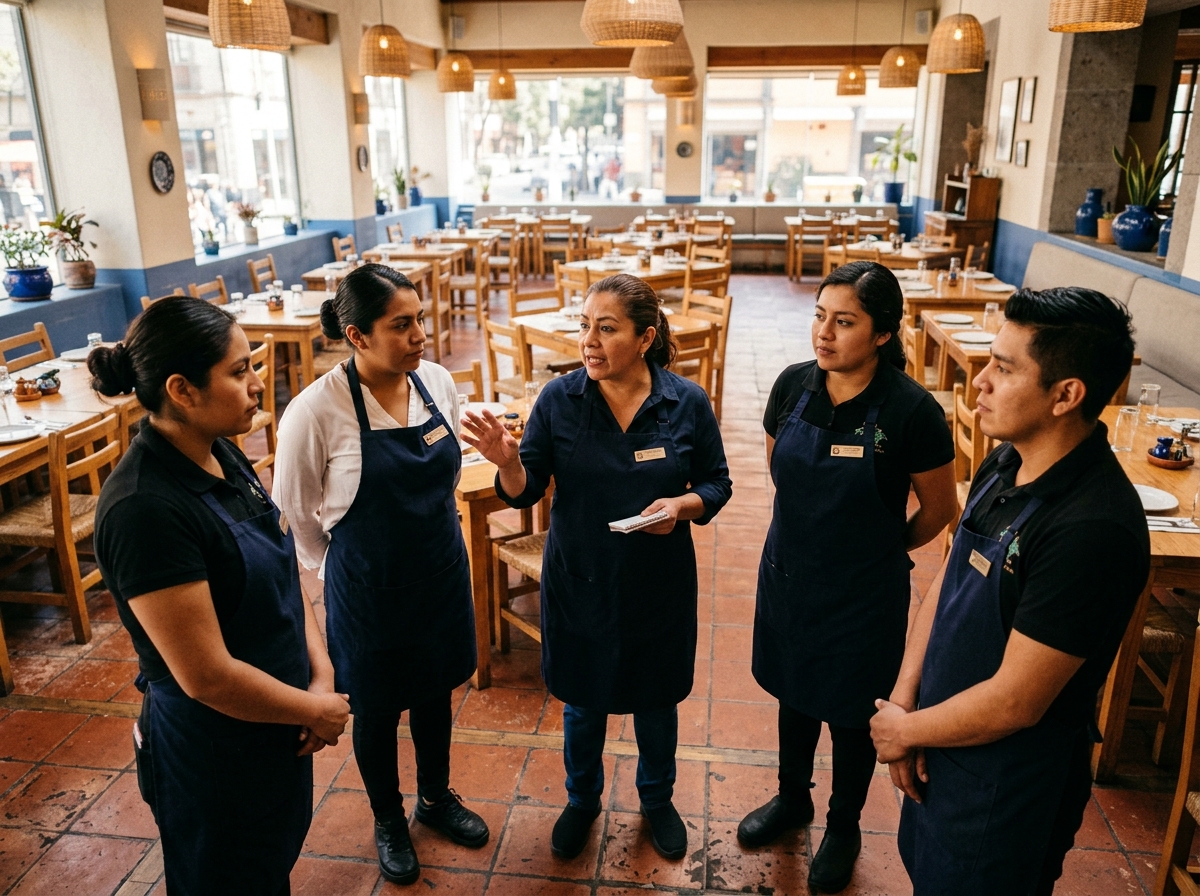 Reunión breve de pre-shift antes de abrir el restaurante