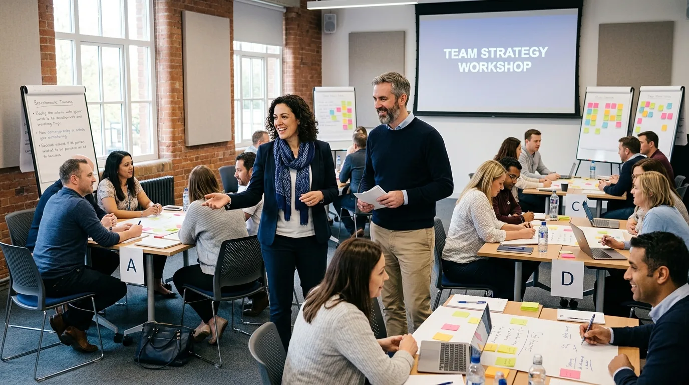 Two facilitators coordinating a 20-person workshop in subgroups
