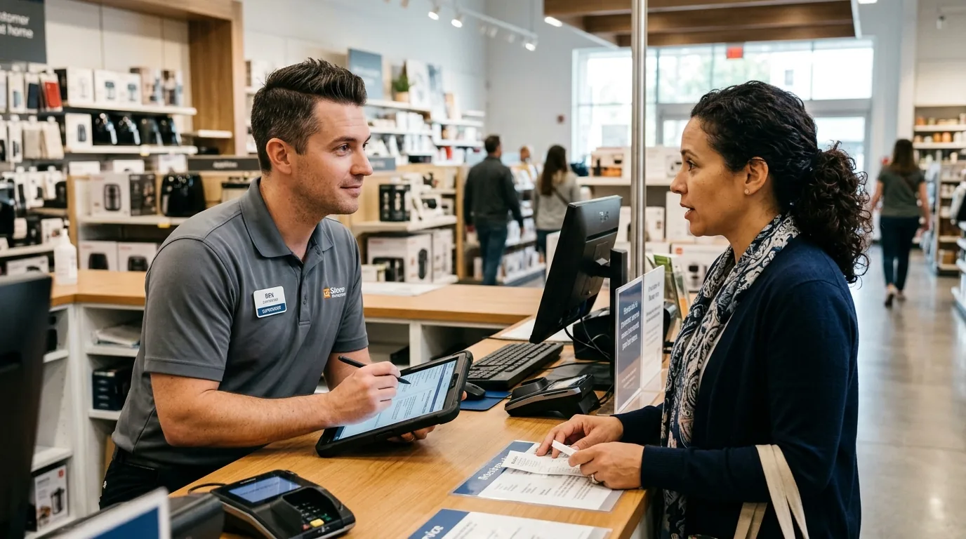 Supervisor and retail employee resolving a customer request at the service counter